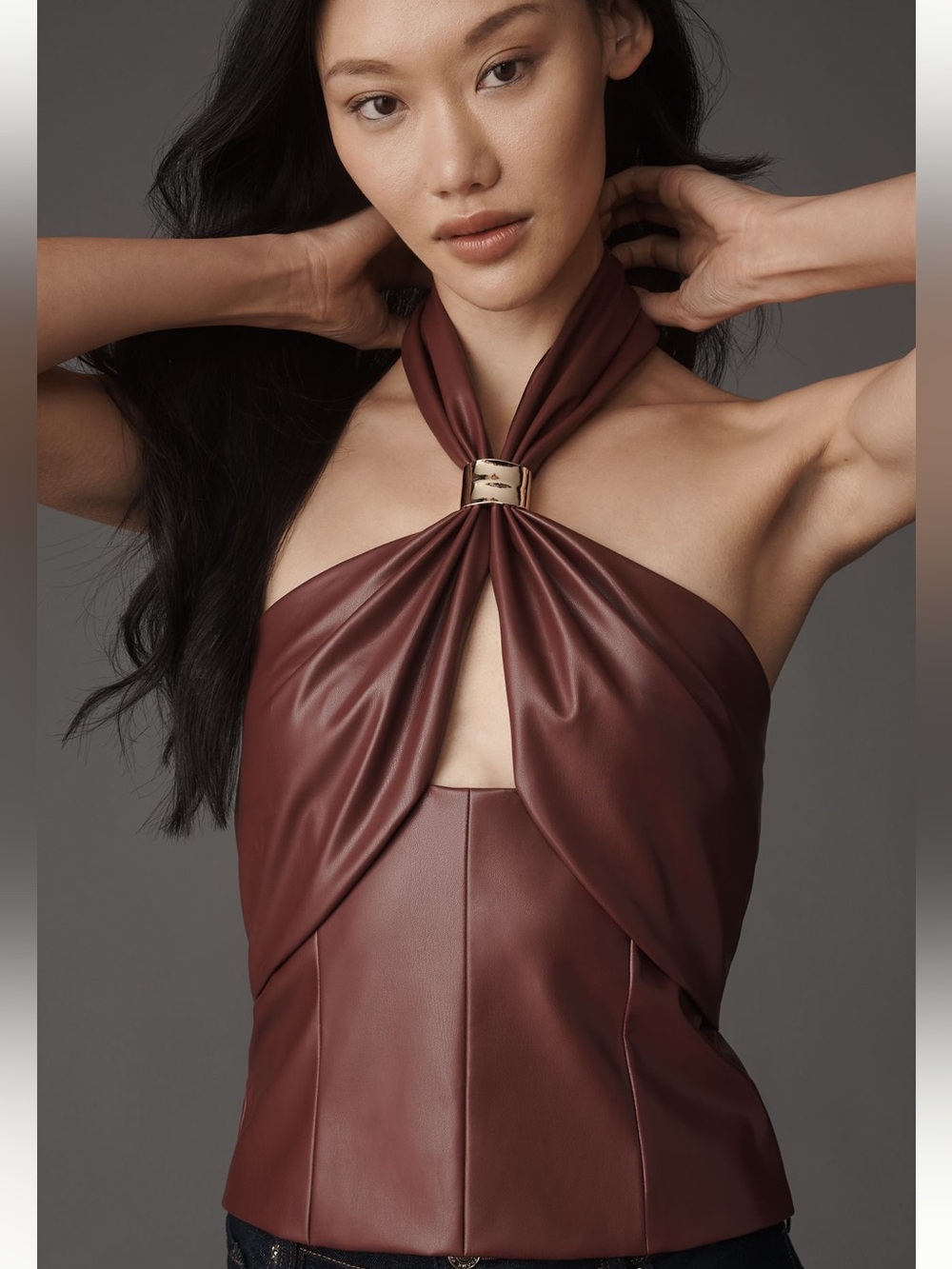 Faux Leather Halter Top with Gold Ring - Deep Burgundy NWT Size XL